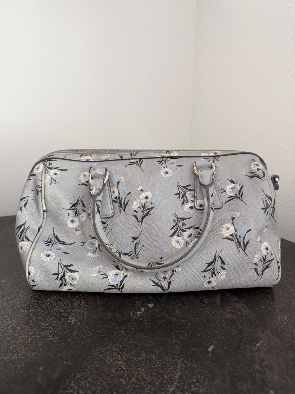 Prada Gray Floral Saffiano Leather Satchel with Strap - Pre-Loved - Picture 2 of 16
